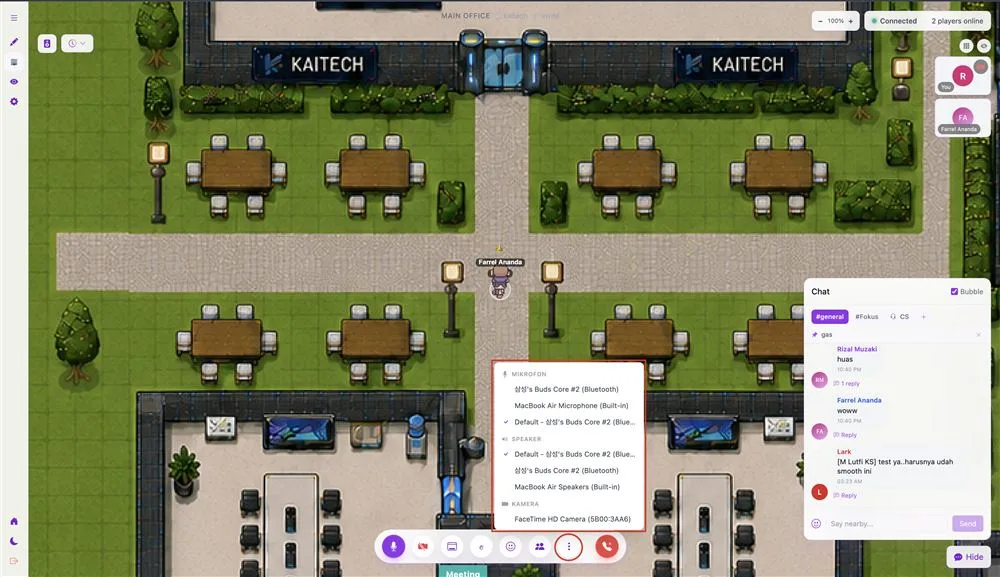 Menu pemilihan mikrofon, speaker, dan kamera di toolbar bawah KAISPACE.
