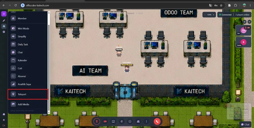 Panel Teleport KAISPACE berisi daftar zona dan ruangan yang bisa dituju.